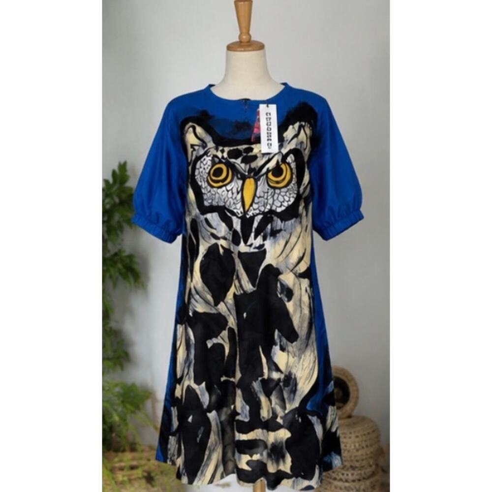 YODYOKO Owl and the Moon Hand Painted Art Dress Free Size NWT 100% Cotton - Picture 4 of 16